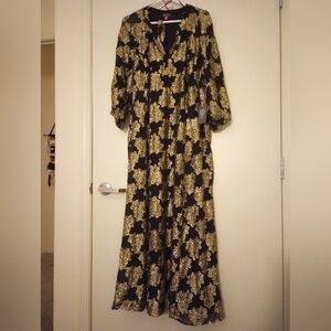 NEW! Vince Camuto Black and Gold Rayon Long Maxi Dress w Sash Size 2x